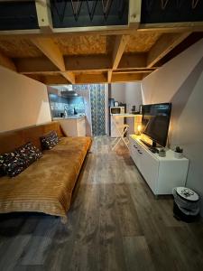a bedroom with a large bed and a flat screen tv at La Tiny : Adorable petit studio /parking gratuit. in Angoulême