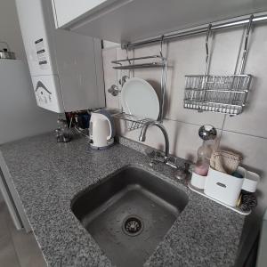a kitchen counter with a sink in a kitchen at Apart Clematis, 1 dormitorio céntrico con balcón. in Río Cuarto