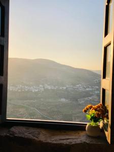 a window with a vase of flowers on a ledge at mountain view house in Kerak