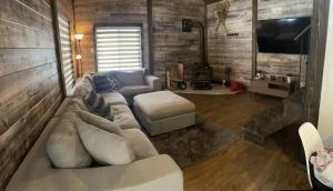 a living room with a couch and a tv at Chalet Romanov in Saint-René-de-Matane