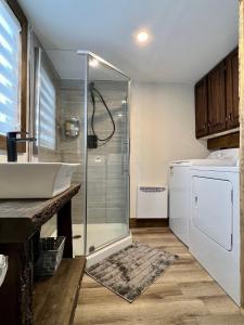 a bathroom with a sink and a glass shower at Chalet Romanov in Saint-René-de-Matane