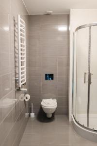 uma casa de banho com um WC e um chuveiro em Parkowe Szczyrk em Szczyrk