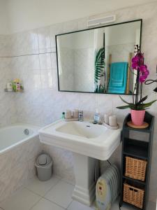 a bathroom with a sink and a mirror and a tub at Résidence Stella Maris in Antibes