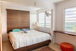 1 dormitorio con 1 cama con cabecero de madera y 2 ventanas en Hill Top Apartment with 360 Degree Balcony View, en Vieques