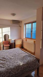 una camera con letto e scrivania e due finestre di Cozy Ivana's Apartment a Skopje