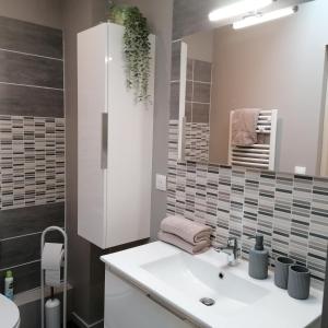 La salle de bains est pourvue d'un lavabo blanc et d'un miroir. dans l'établissement Le Clos des Treilles, à Nuaillé-dʼAunis