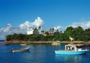 un grupo de barcos en el agua cerca de una playa en Oceanview Apartment with Garden Access, en Vieques