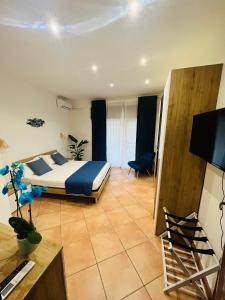 1 dormitorio con 1 cama y TV en una habitación en Casa Saline, en Tarquinia
