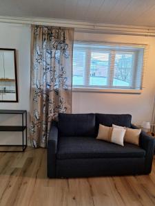 uma sala de estar com um sofá e uma janela em Huoneisto Oppistan Kokkola em Kokkola