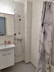 uma casa de banho com um chuveiro e um lavatório. em Huoneisto Oppistan Kokkola em Kokkola