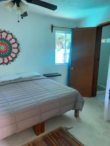 a bedroom with a bed and a blue wall at Casa Redonda Hostal Inn 1 in Holbox Island
