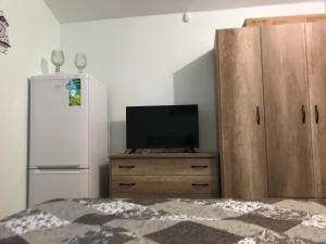 Cette chambre dispose d'une télévision, d'un réfrigérateur et d'une commode. dans l'établissement Adorable 1 bedroom Vacation house near Sea., à Skála Foúrkas