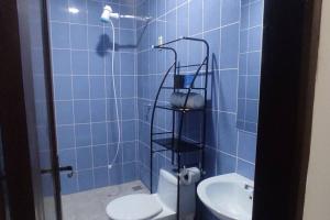 ein blau gefliestes Bad mit einem WC und einer Dusche in der Unterkunft Céntrico Estudio Cruceño A/C 2 in Santa Cruz de la Sierra