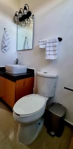a bathroom with a white toilet and a sink at Confortable Departamento in Mazatlán