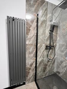 a shower stall in a bathroom with marble walls at Apartament Przy Obserwatorium&Singielnia in Olsztyn
