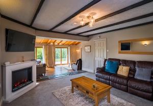 a living room with a couch and a fireplace at Blaenachddu in Capel-Ifan