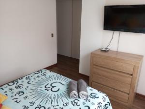Zimmer mit einem Bett und einer Kommode mit einem TV in der Unterkunft Apartamento en Iquique in Iquique