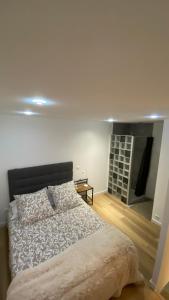 ein Schlafzimmer mit einem großen Bett und einem Kamin in der Unterkunft la chambrette in Lincel