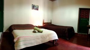 a bedroom with a cat laying on a bed at Postales del Tiempo in Tilcara