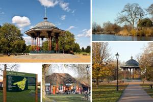 4 fotos diferentes de un parque con cenador en Madison Hill - Clapham South 1 - Two bedroom flat, en Londres
