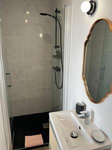 a bathroom with a sink and a shower with a mirror at Le petit Tournebride in Paimpol