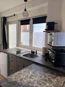 a kitchen with a sink and a microwave at Le petit Tournebride in Paimpol