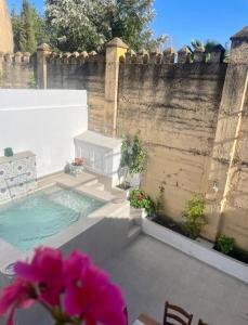 einen Hinterhof mit einem Pool und einem Zaun in der Unterkunft Casa Muralla del Alcazar Viejo in Córdoba