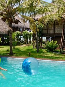 osoba grająca z niebieską piłką w basenie w obiekcie Casa De Lua - Blue Paradise w mieście Vilanculos