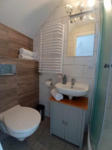 a white bathroom with a toilet and a sink at Stodoła z widokiem in Żywiec