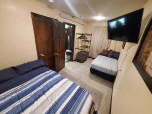 a bedroom with a bed and a flat screen tv at The Garden House in Rapid City