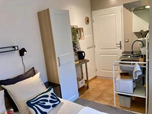 um quarto com um lavatório e uma cama num quarto em Studio Le Terra - Petit déjeuner inclus 1ère nuit - AUX 4 LOGIS em Foix