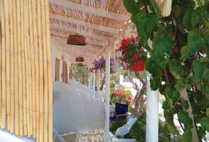 a white building with flowers hanging from it at Errika's Sweet Home in Provatas