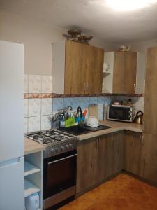 a kitchen with wooden cabinets and a stove top oven at Agroturystyka Zacisze in Gorzanów +11 photos