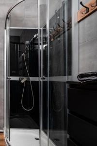 a shower with a glass door in a bathroom at Restored Factory Residence - 55m2, Top Location - by Rentujemy in Łódź