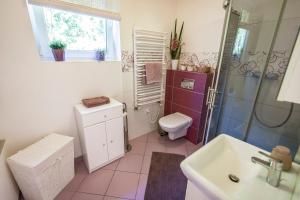 W łazience znajduje się toaleta, umywalka i prysznic. w obiekcie Nadmorski Apartament w Orłowie w mieście Gdynia