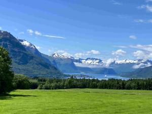 a green field with snow capped mountains in the background at Heinåli apartment in Isfjorden