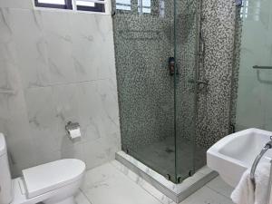 a bathroom with a shower and a toilet and a sink at Cozy home in East Legon Hills in Accra