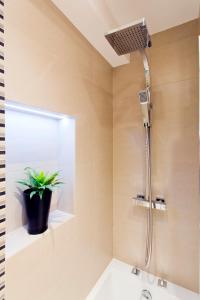 La salle de bains est pourvue d'une douche et d'une plante en pot. dans l'établissement Madison Hill - Byrne Garden 2 - One bedroom home, à Londres