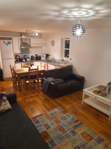 uma sala de estar com um sofá, uma mesa e uma cozinha em Glastonbury town center-entire apartment em Glastonbury