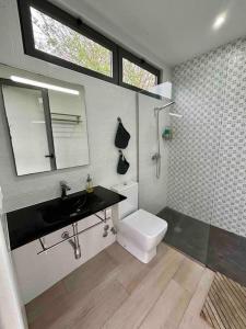 een badkamer met een toilet, een wastafel en een douche bij Casita invitados con jardín y piscina compartidos in Noya