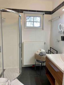 ein Bad mit einer Dusche, einem Waschbecken und einem Fenster in der Unterkunft Wohnen in Graz Mariatrost in Graz