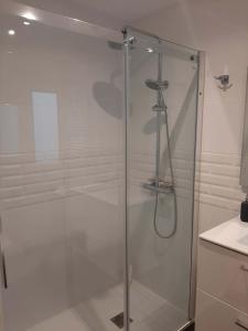 a shower with a glass door in a bathroom at Herrikobarra - Apartamento en el centro a 500mts de la playa by Egona in Zarautz