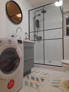uma máquina de lavar roupa na casa de banho com um espelho em Glastonbury town center-entire apartment em Glastonbury