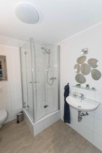 La salle de bains est pourvue d'une douche et d'un lavabo. dans l'établissement Haus Helga, à Salzkotten