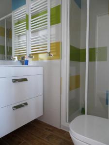 e bagno con servizi igienici, doccia e lavandino. di EGONA-ZUM8 Vista espectacular,piscina,tenis,playa a Zarautz