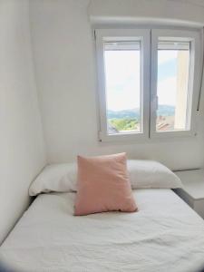 un letto con cuscino rosa e due finestre di Descubre Cantabria! Piso con 3 habitaciones, con capacidad hasta 5 personas! Alojamiento entero! a Sarón