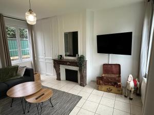 een woonkamer met een open haard en een televisie bij Charmante Maison de 3 Ch avec Jardin et Parking 