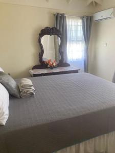 ein Schlafzimmer mit einem großen Bett und einem Spiegel in der Unterkunft MJ Manor in Old Harbour