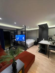 Prive Living Suite في إسطنبول: غرفة معيشة فيها سرير وتلفزيون