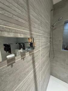 a bathroom with a shower and a toilet in it at Luxury Moffat Apartment - High End Furnishing in Moffat